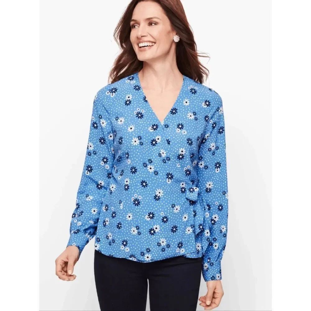 Talbots Women’s Blue Floral Dot Faux Wrap Blouse Size 1X Plus Poet Sleeve V-Neck